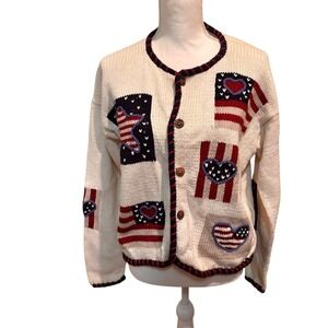 Norm Thompson Patriotic‎ Knit Cardigan Sweater Medium USA Flag Hearts Folk Art